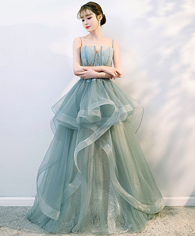 Green tulle lace long prom gown, tulle ...